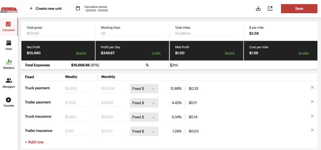 TruckerCalculator UI Cost Per Mile Calculator