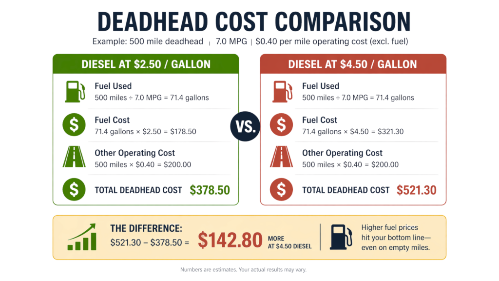 Deadhead mile cost comparison at different diesel price levels