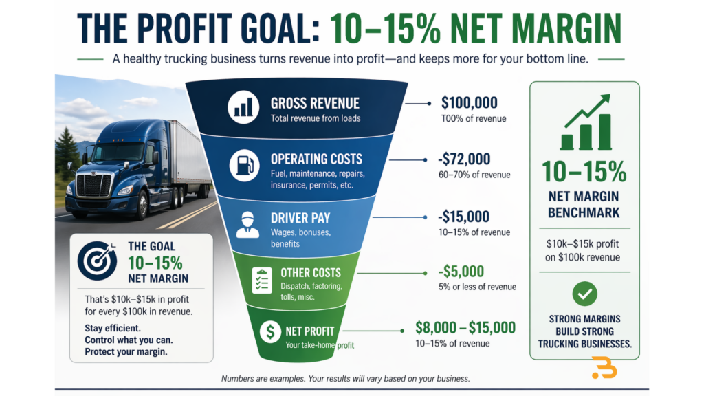 Trucking profit margin breakdown showing revenue to net profit funnel
