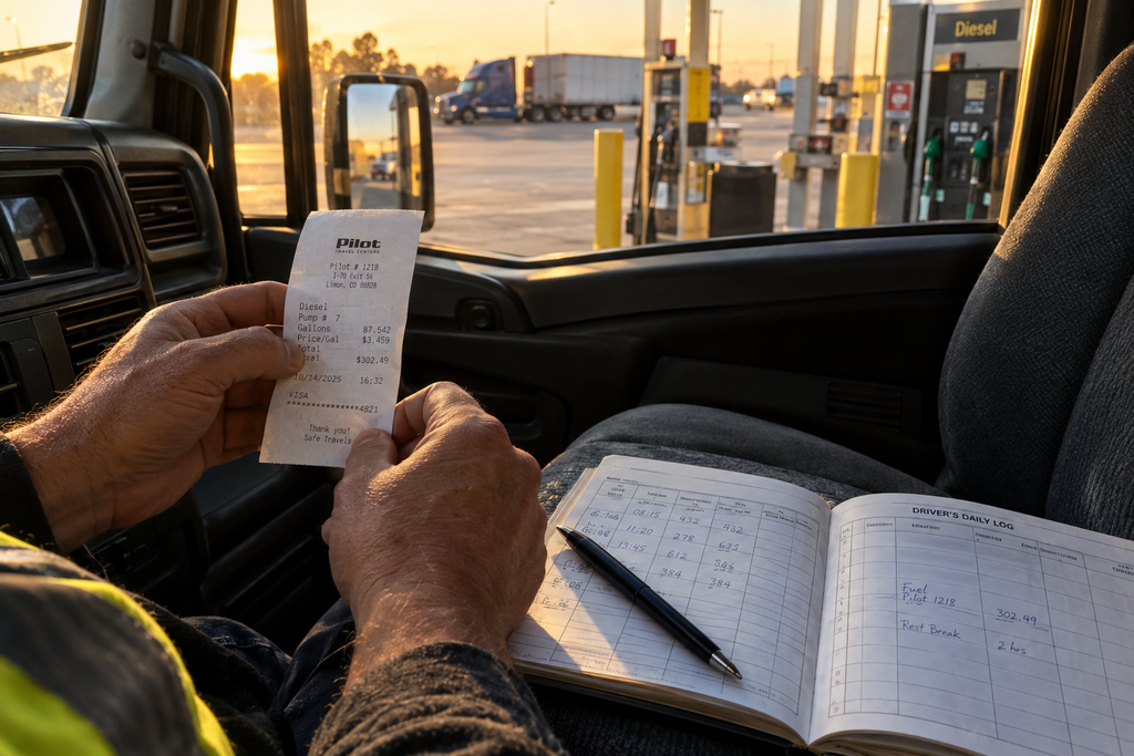 Close-up of a trucker’s hands at a fuel stop holding a paper fuel receipt 